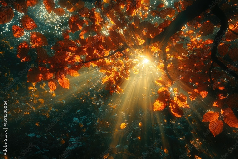 Poster golden sunlight streams through autumn leaves, creating a magical and ethereal scene in the forest c