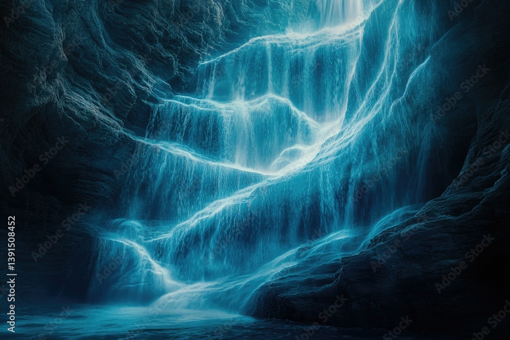 Poster a mesmerizing cascade of blue light illuminates a dark rocky canyon, creating an ethereal and otherw