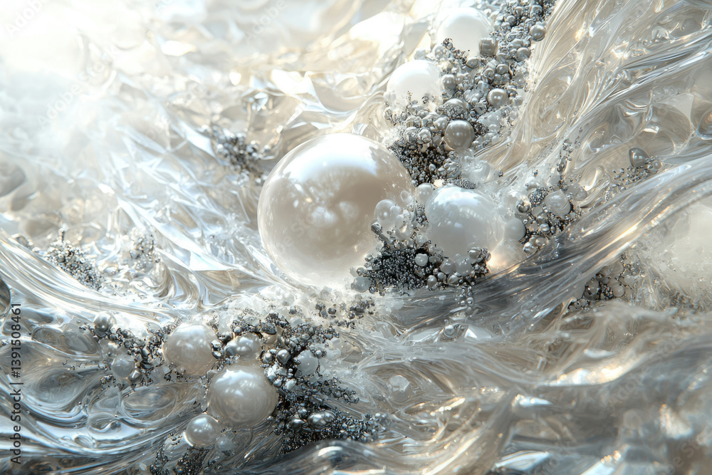 Aufkleber abstract art depicting a swirling mass of translucent liquid with embedded pearls and metallic beads