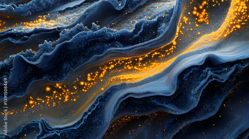 Poster abstract waves of blue and gold create a mesmerizing visual display of movement and light in a swirl