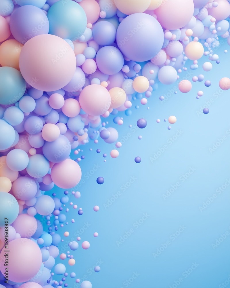 Poster abstract spheres: delicate pastel spheres float gracefully against a soft blue backdrop, creating a 