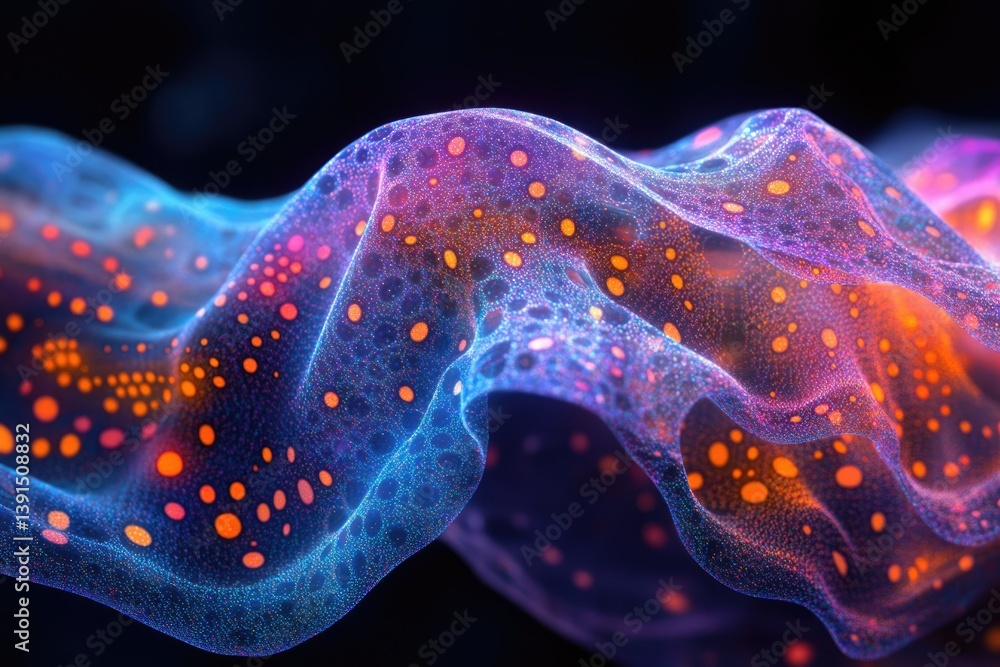 Poster abstract wave-like structure with vibrant blue, purple, and orange hues, adorned with scattered dots