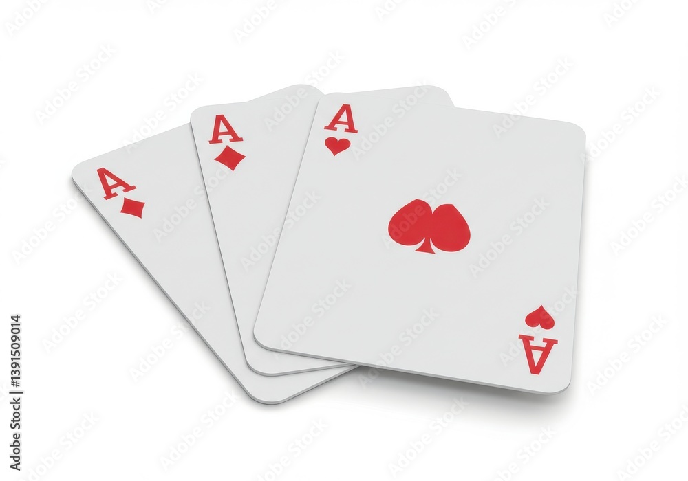 Poster a close up view of three ace playing cards with different suits on a white background surface seen