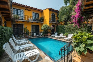 Fototapeta premium Pool area at Vipres real estate complex in Tehuantepec featuring white sun loungers, blue water, lush greenery, black metal railing, pink flowering trees, and a yellow wall decorated with tropical pla