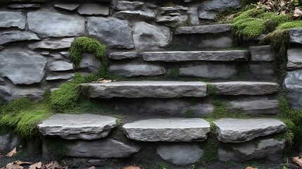 Mossy stone steps against a stone wall.
