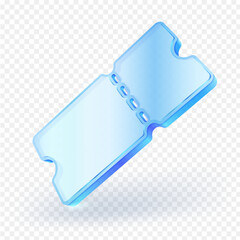 3D ticket or voucher icon with transparent and shiny blue glass design. Use in promotions, activity bookings, ticketing services or digital media related to travel and entertainment. Vector file.