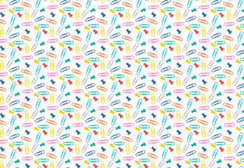 Seamless vector illustration of colorful office supplies, featuring paper clips and pushpins. Bright multicolored design for stationery backgrounds or creative projects.