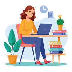 a girl is using his laptop vector