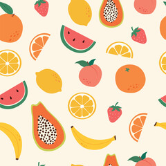 Vector seamless pattern with tropical fruits, kiwi,lemon,strawberry,dragon fruit,orange,pineapple,watermelon.Design for wrapping paper, textiles, packaging. Colorful summer background.
