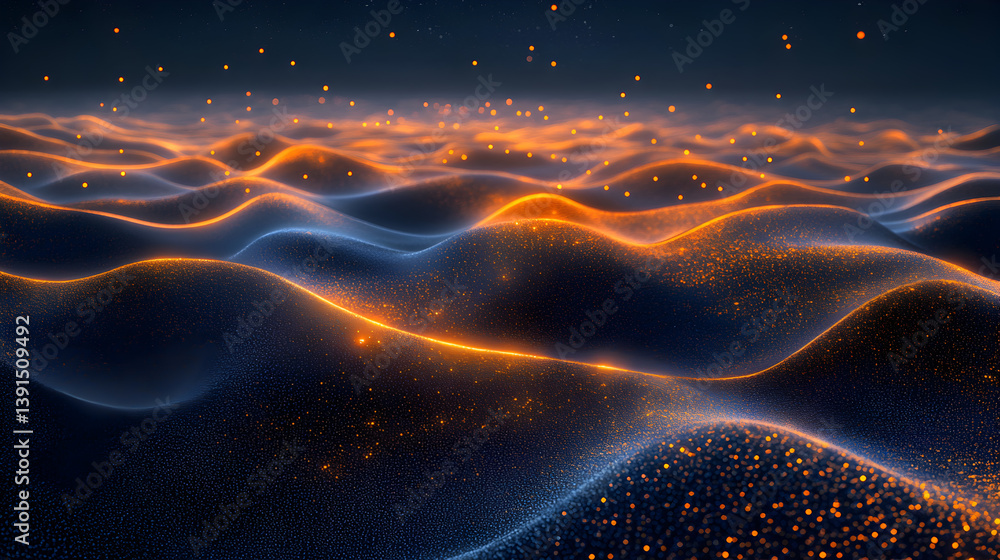 Poster abstract digital landscape with glowing waves and sparkles in a dark atmospheric background, represe