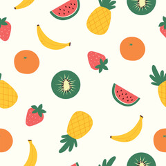 Vector seamless pattern with fruits, kiwi,banana,strawberry,orange,pineapple,watermelon.Design for wrapping paper, textiles, packaging. Colorful summer background.