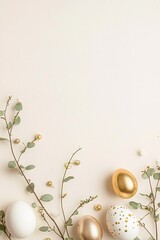 Easter vertical eggs in gold, white, and pastel colors placed with green branches on a beige background, evoking a sense of spring and festivity