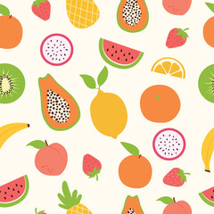 Vector seamless pattern with tropical fruits, kiwi,lemon,strawberry,dragon fruit,orange,pineapple,watermelon.Design for wrapping paper, textiles, packaging. Colorful summer background.