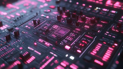Futuristic pink circuit board close-up.