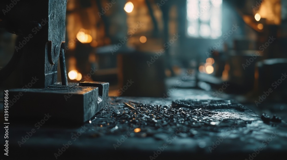 Poster a blacksmiths forge with hammer and anvil in a workshop setting