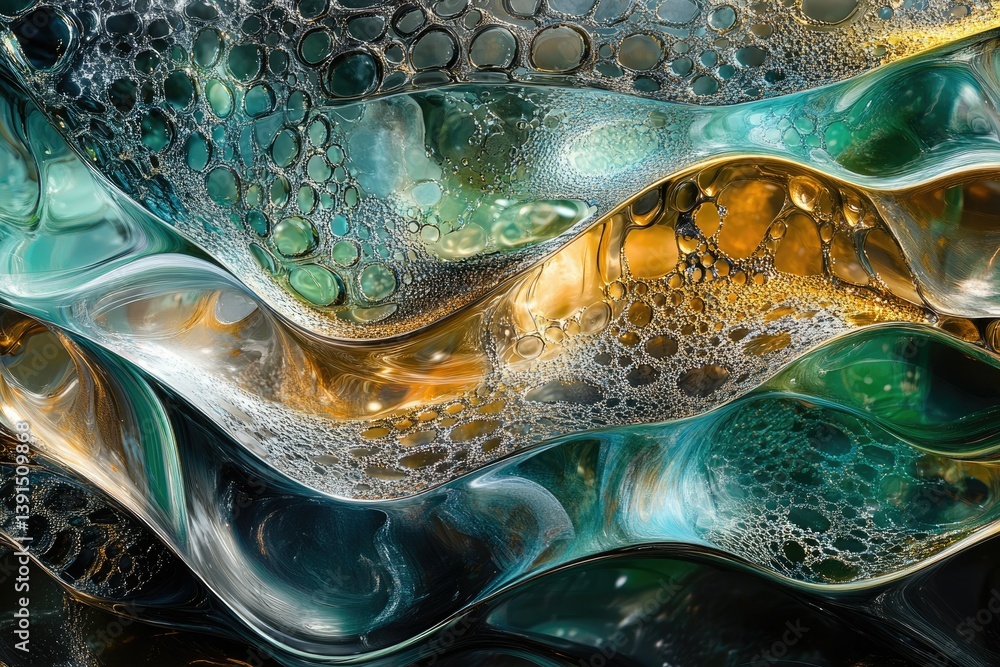Poster abstract, swirling layers of translucent colors, resembling ocean waves with cellular patterns and a
