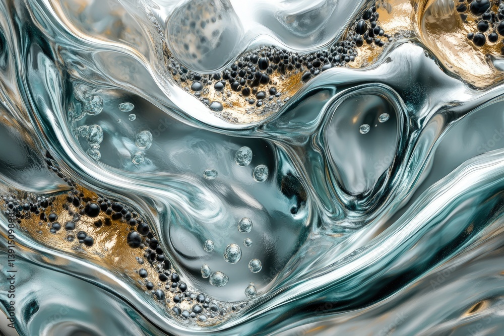 Poster Abstract liquid silver with gold accents and interspersed bubbles, creating a visually interesting and dynamic surface texture.