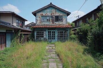 Old Japanese house with cracked walls and broken windows standing amidst small grass gardens, next to a red brick structure on a sunny day without surrounding trees or plants.
