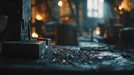 A blacksmiths forge with hammer and anvil in a workshop setting
