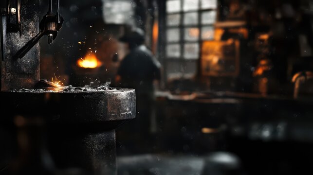A blacksmith working in a darkened workshop with fire and sparks