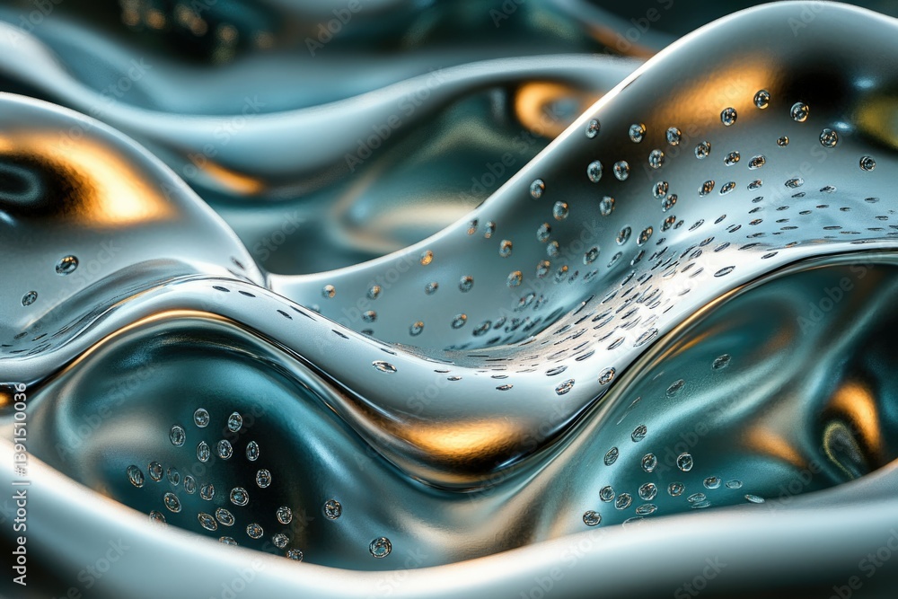 Leinwandbilder a chrome surface with flowing, wave-like shapes is speckled with tiny droplets and reflective light.