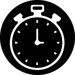 Stylized stopwatch icon on a black circular background showcasing timekeeping