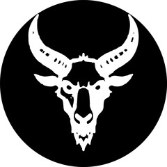 Stylized Monochrome Bull Skull Illustration in Circular Black and White Graphic