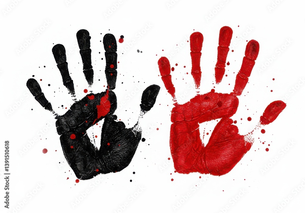 Aufkleber two handprints one in red and one in black with splatters on a white background artistic design