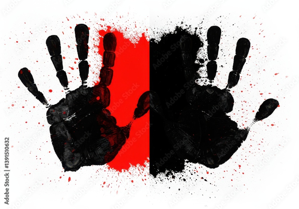 Poster two black handprints with red paint splatters on a white background create a striking visual art pie