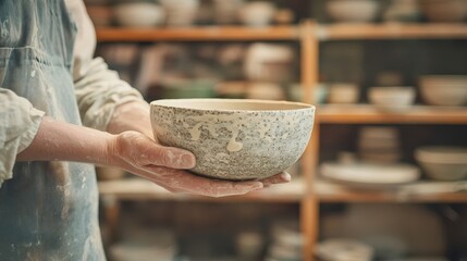 A person carefully holds a handmade ceramic bowl indoors with care