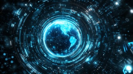 Fototapeta premium A digital globe centered on Africa, representing a global network, connectivity, data transfer, cyber technology, information exchange, and international telecommunications