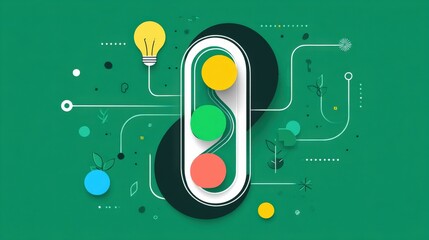 Illustration of Colored Circles in Frame with Lightbulb and Lines on Green