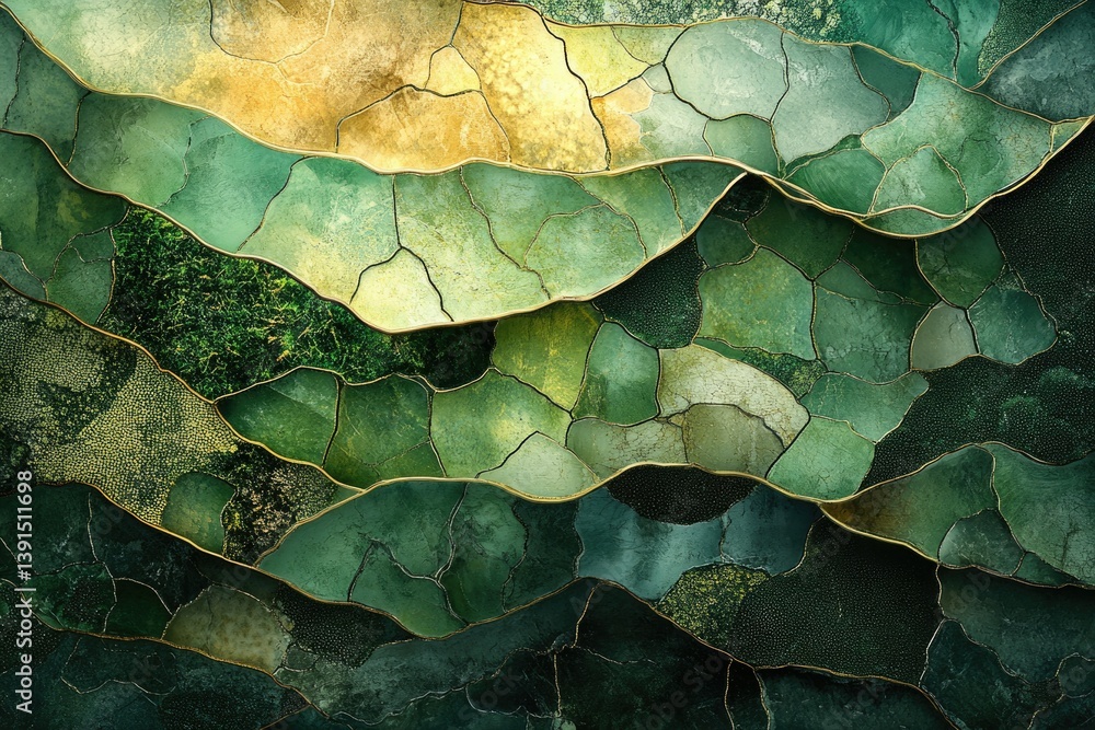 Poster Abstract layered landscape with golden outlines in shades of green, creating a textured mosaic effect.