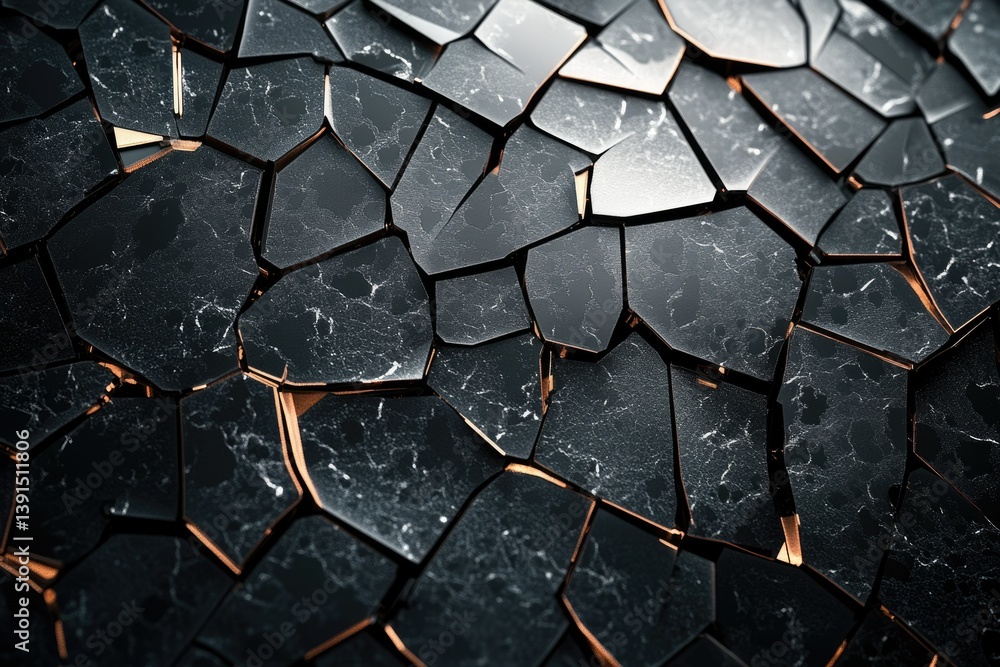 Aufkleber Abstract black marble tiles with golden edges form a unique, geometric pattern.