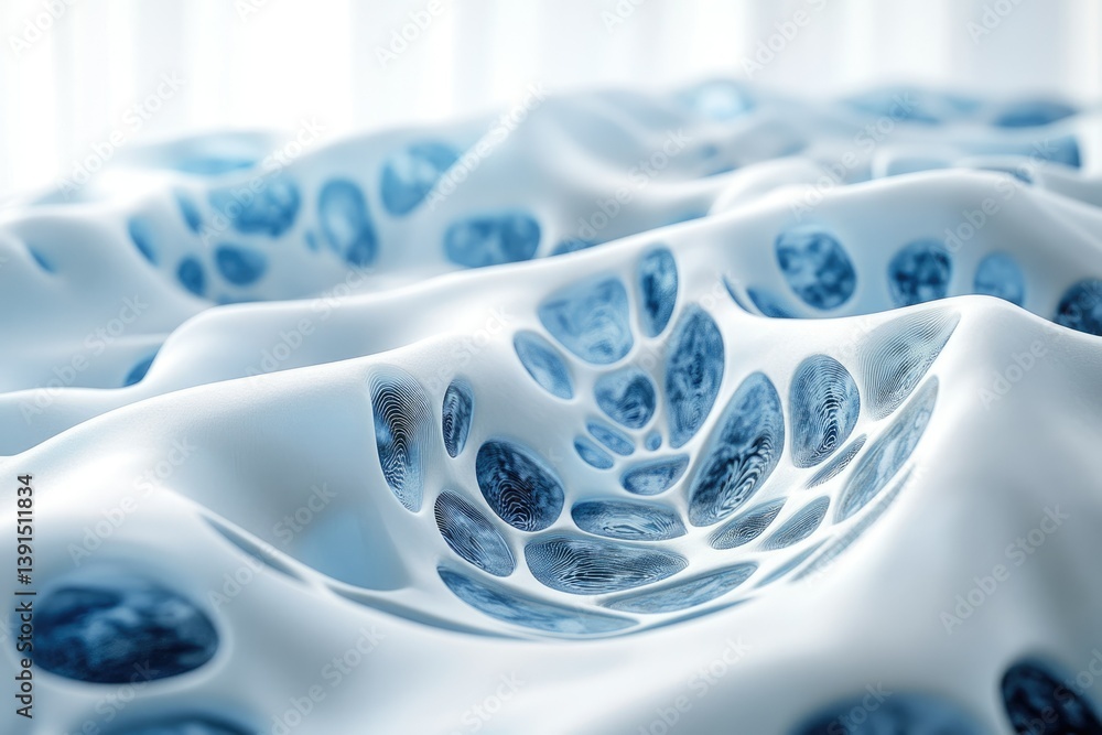 Poster Abstract illustration showcasing a white material with blue cell-like structures, emphasizing depth and organic patterns.