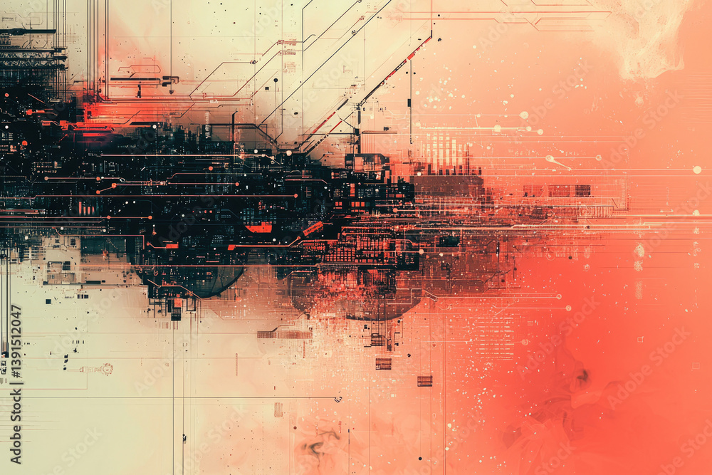 Poster abstract digital art depicting complex circuitry and technological networks in a blend of red and be