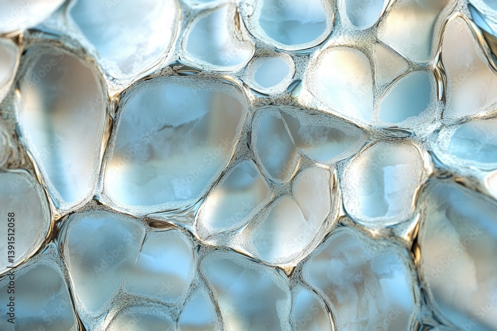 Poster close-up of translucent, irregular shapes with soft blue and white tones, resembling ice or frozen w
