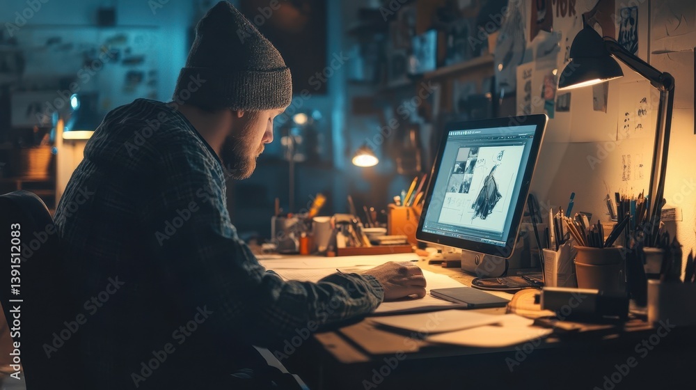 Poster a man working at a desk on a computer screen