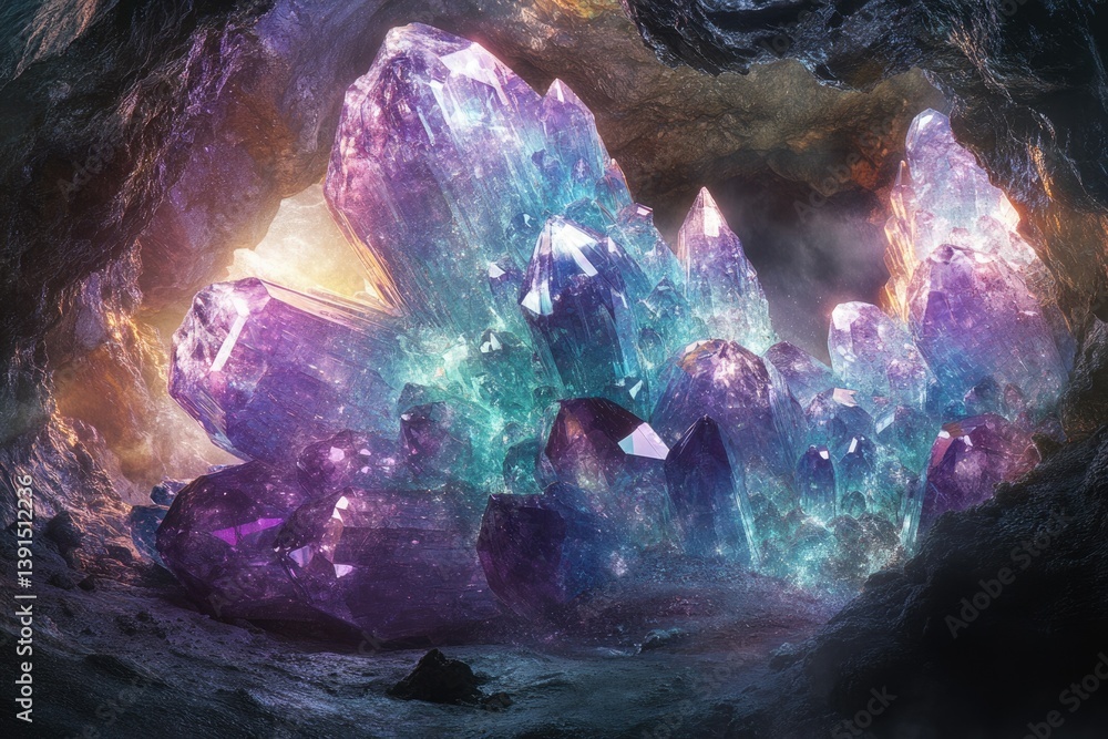 Poster a cluster of large, vibrant amethyst crystals glows softly within a dark, rocky cave, illuminated by