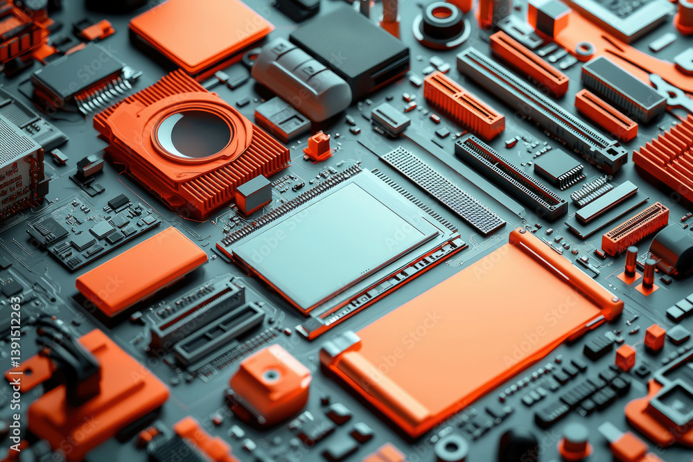 Poster Abstract close-up of a circuit board with orange components, showcasing intricate technological detail.