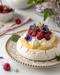 Exquisite pavlova dessert with raspberry on porcelain plate. Luxury wedding, bridal brunch close up food picture.