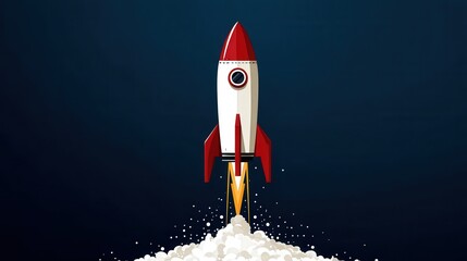 Illustration of Launching Red and White Rocket with Smoke