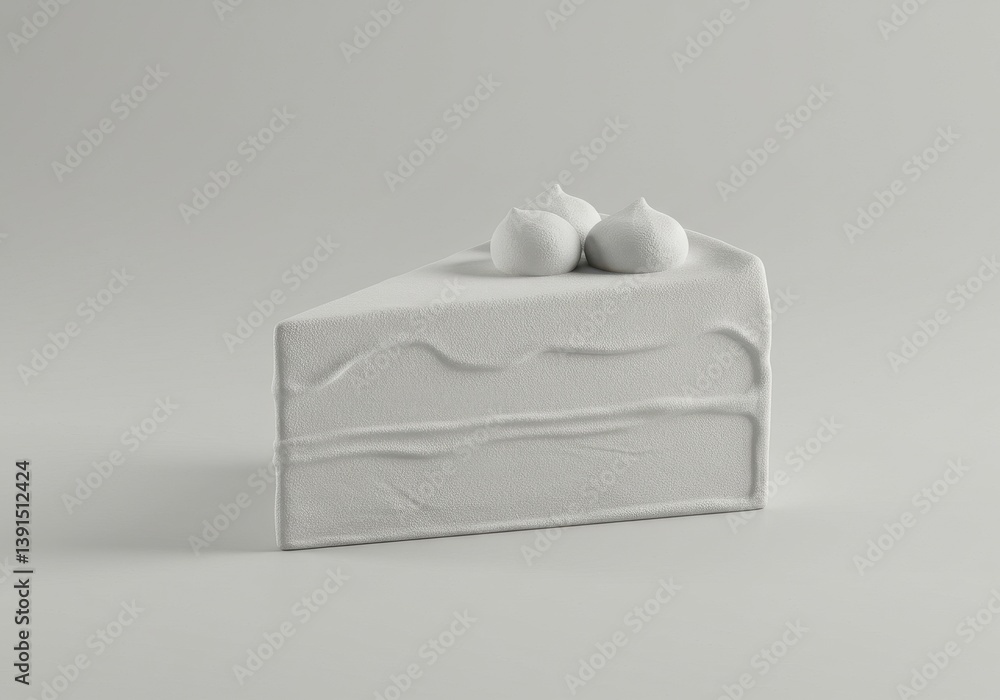 Poster a slice of cake with white frosting and three white dollops on top on a white background plain and s
