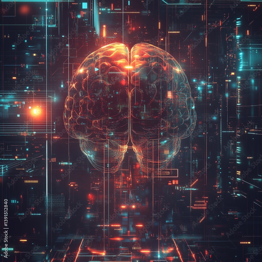 Poster digital brain: a luminous brain illustration pulsates at the center of a technological grid, radiati