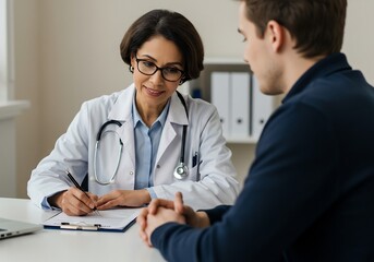 Fototapeta premium Doctor attentively listens to patient calmly explaining concerns. AI Generated