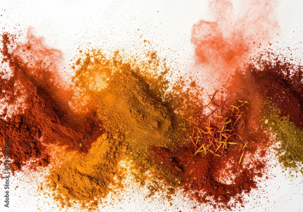 Aufkleber aerial view of colorful spices and powders scattered across a white surface in an abstract design