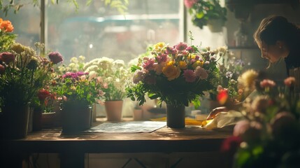 Fototapeta premium A florist arranging flowers on a wooden table near a window