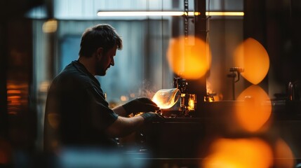 A glassblower working with heat and molten glass in a workshop