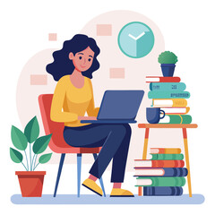 a girl is using his laptop vector