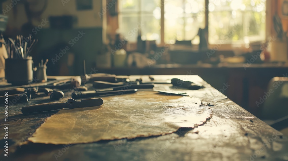 Poster tools and paper rest on a work table in a studio